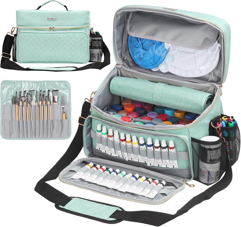 POCDUORG Store Art Supplies Organizer Storage Bag with Detachable Paint Brush Holder & Partition - Carrying Case for Home/Travel/Outdoor Fits Marks, Acrylic Paint, Palettes, Folding Buckets, Portfolios (Pro Green) - Image 1